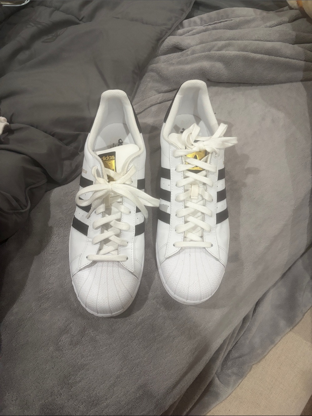 adidas White Sneakers with Black Three-Stripes and Gold Tongue Badge